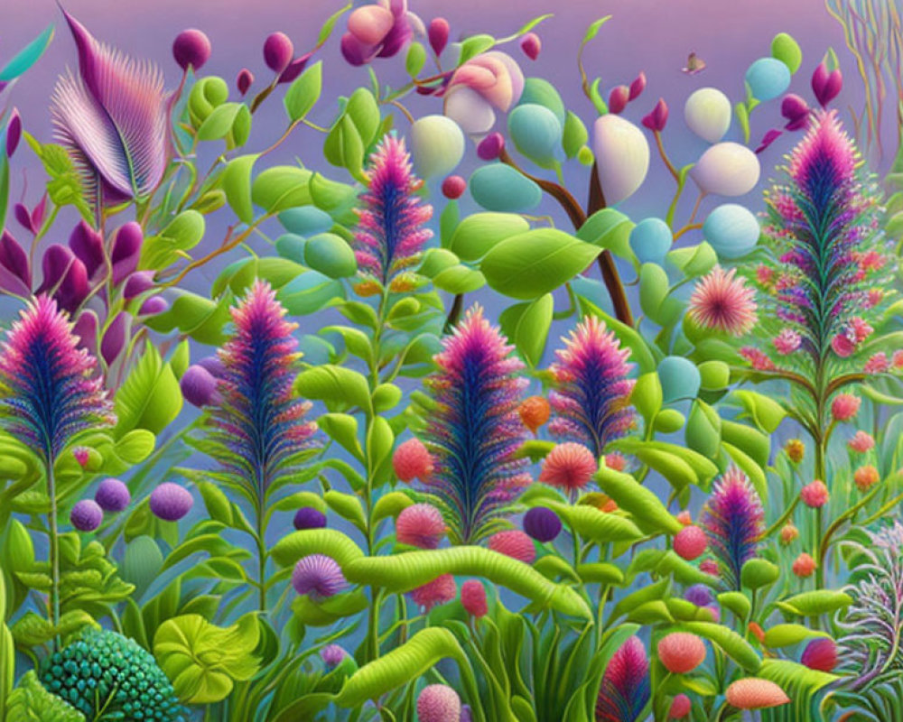 Colorful surreal landscape with fantastical plants and floating orbs