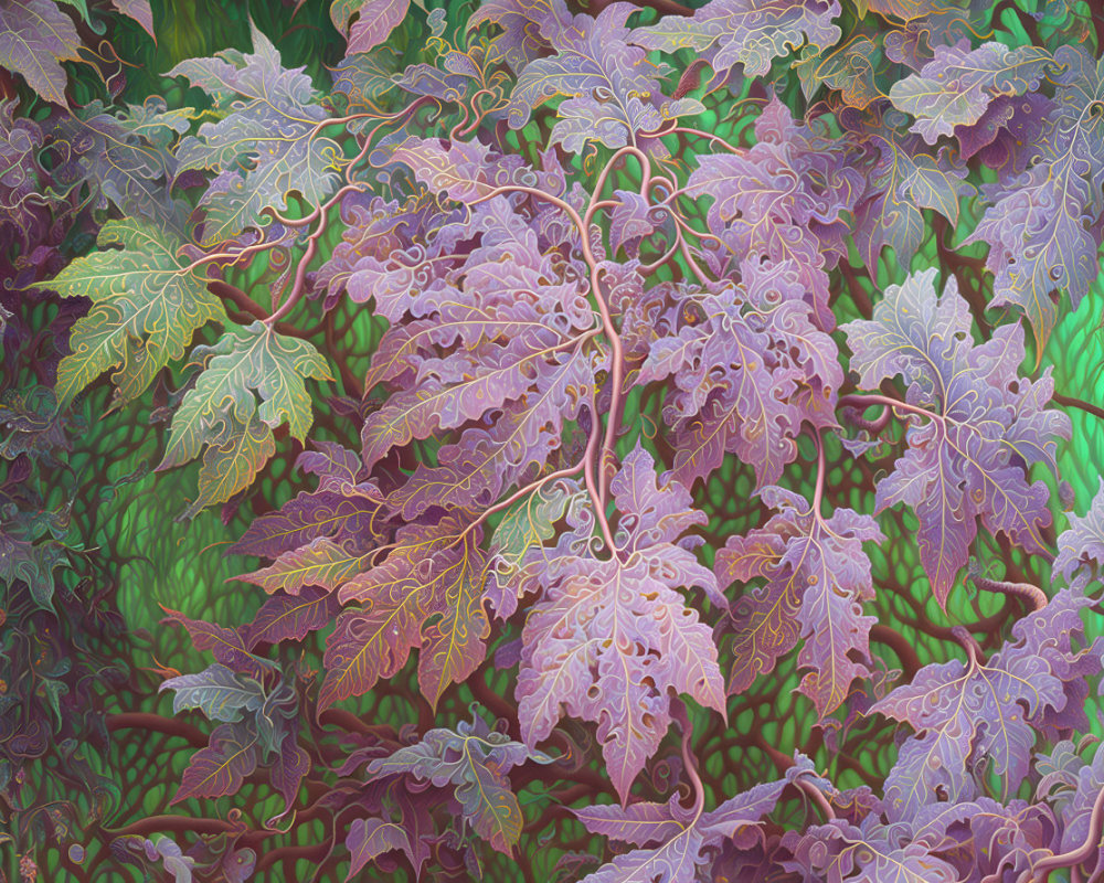 Colorful illustration of dense, intertwining foliage in shades of purple, green, and pink.