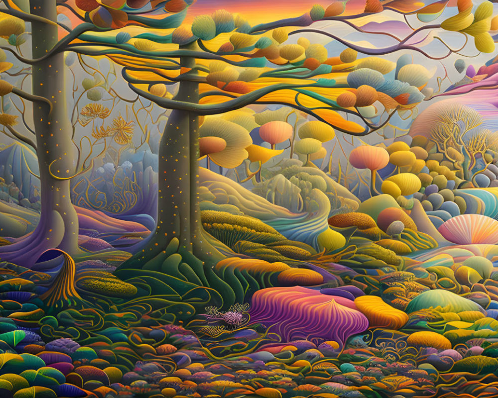 Colorful, whimsical landscape with undulating fields and dreamlike atmosphere
