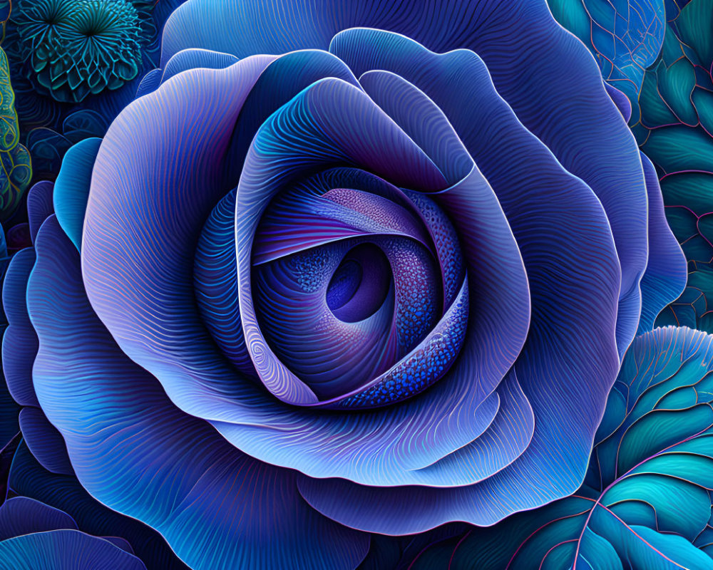 Stylized blue rose digital artwork with intricate patterns on textured teal background