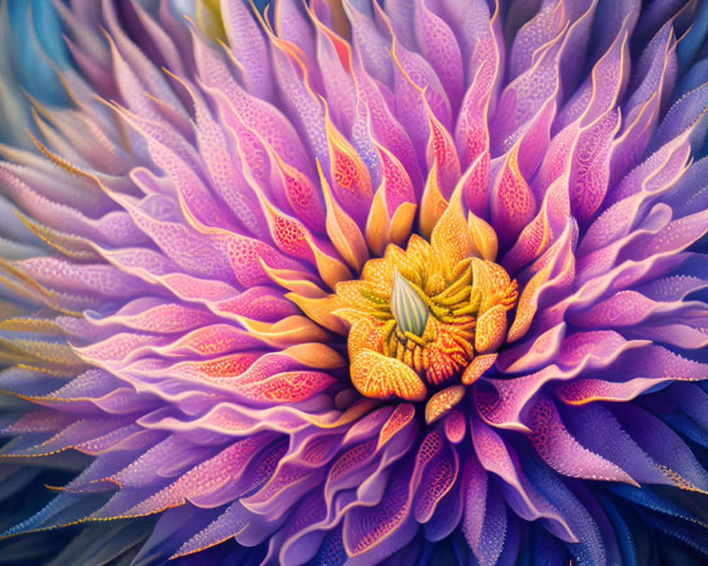 Colorful Digital Artwork of Purple and Yellow Flower with Surreal Gradient Texture