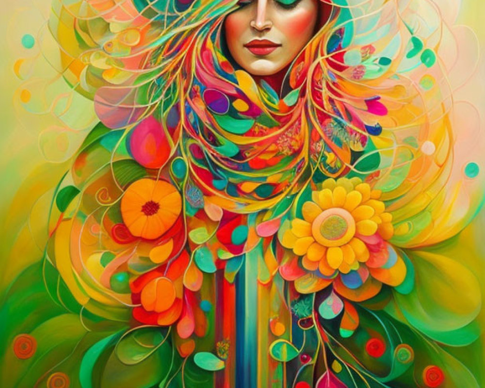 Vibrant Abstract Portrait of a Woman with Flowers