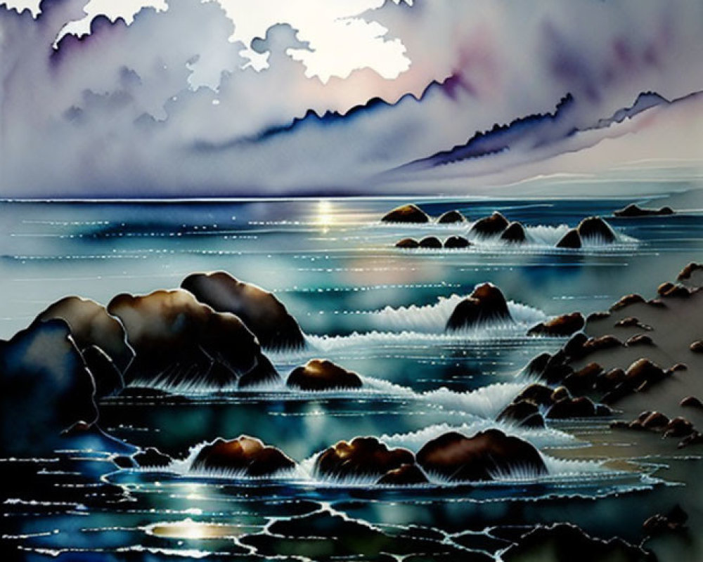 Serene Seascape with Gentle Waves and Dramatic Sky