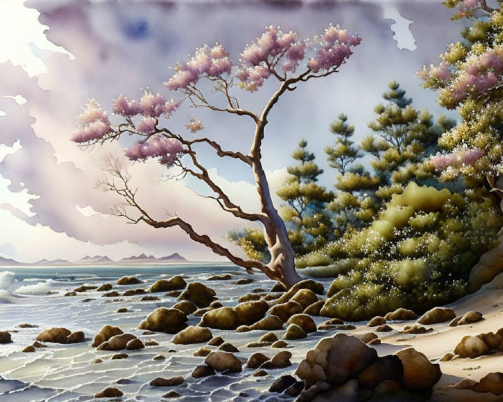 Serene Coastal Scene with Pastel Sky and Blossoms