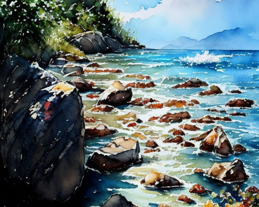 Tranquil Rocky Beach Scene Under Blue Sky