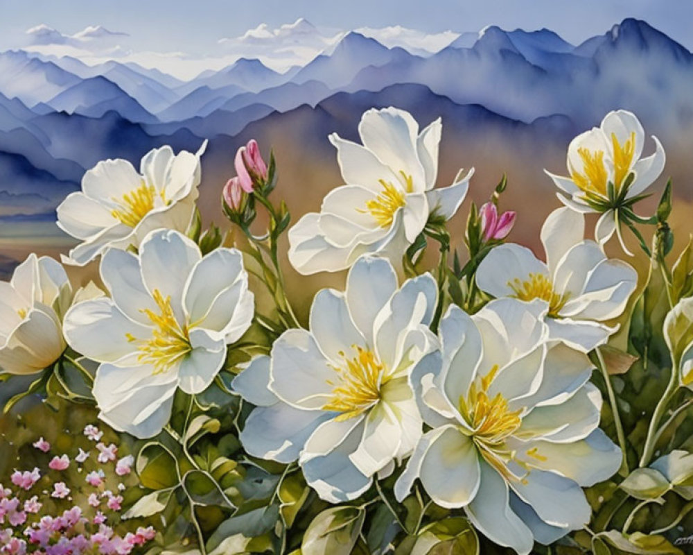 Spring Landscape with White Flowers and Mountains