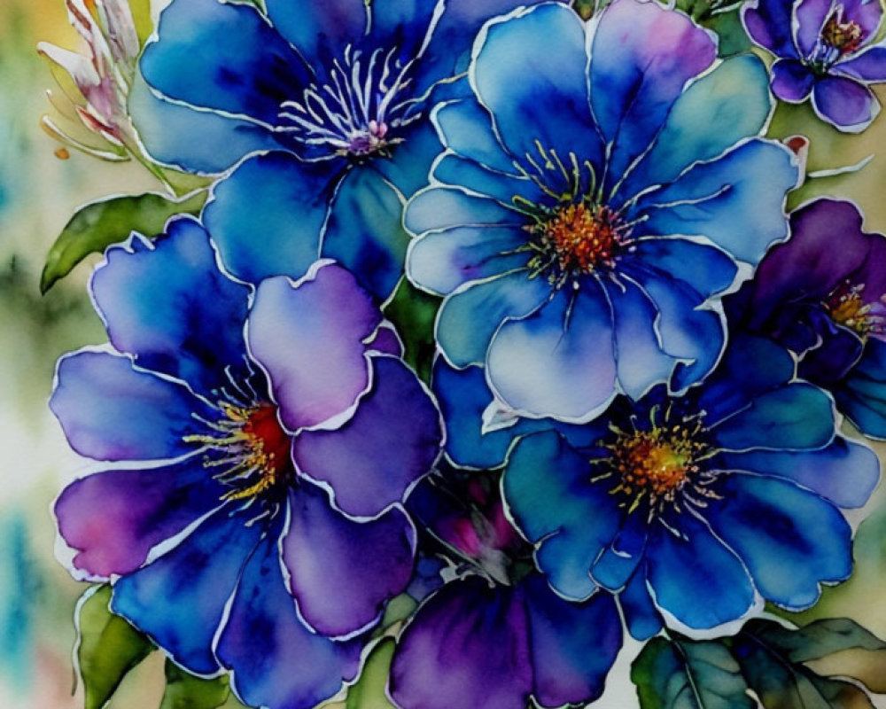 Vibrant Watercolor of Blue Flowers and Foliage
