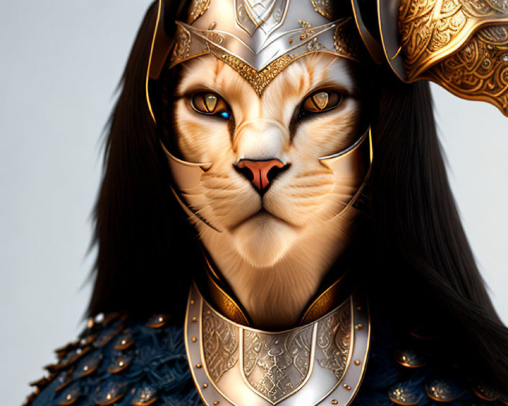 Majestic Feline Warrior in Intricate Armor and Cloak