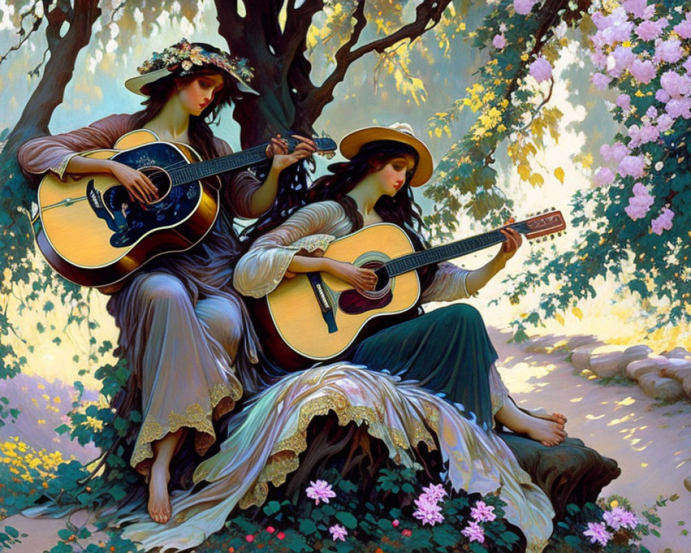 Women Playing Guitars Under a Tree in a Garden