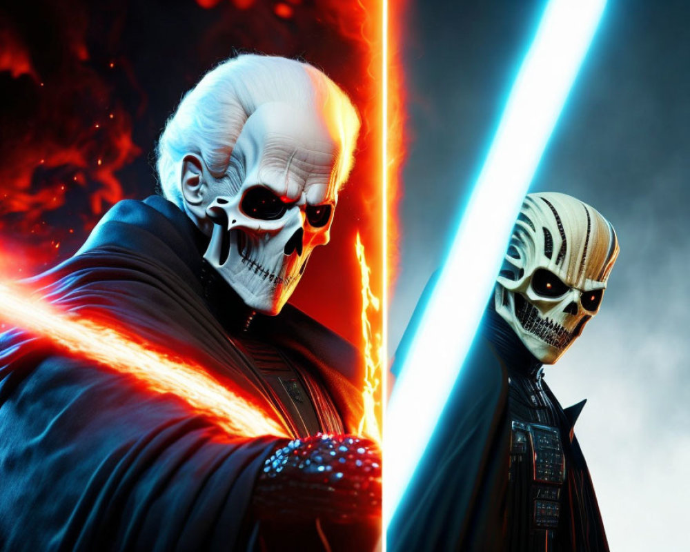 Menacing figures with skull-like masks and lightsabers in fiery setting