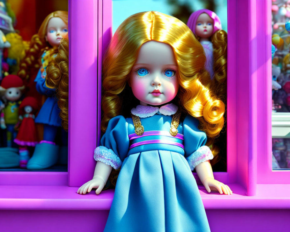 Porcelain doll with golden curls in blue Victorian dress.