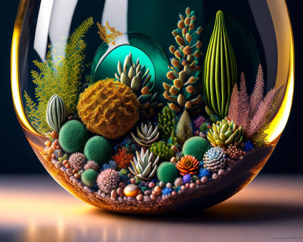 Vibrant Terrarium with Surreal Plants and Textures