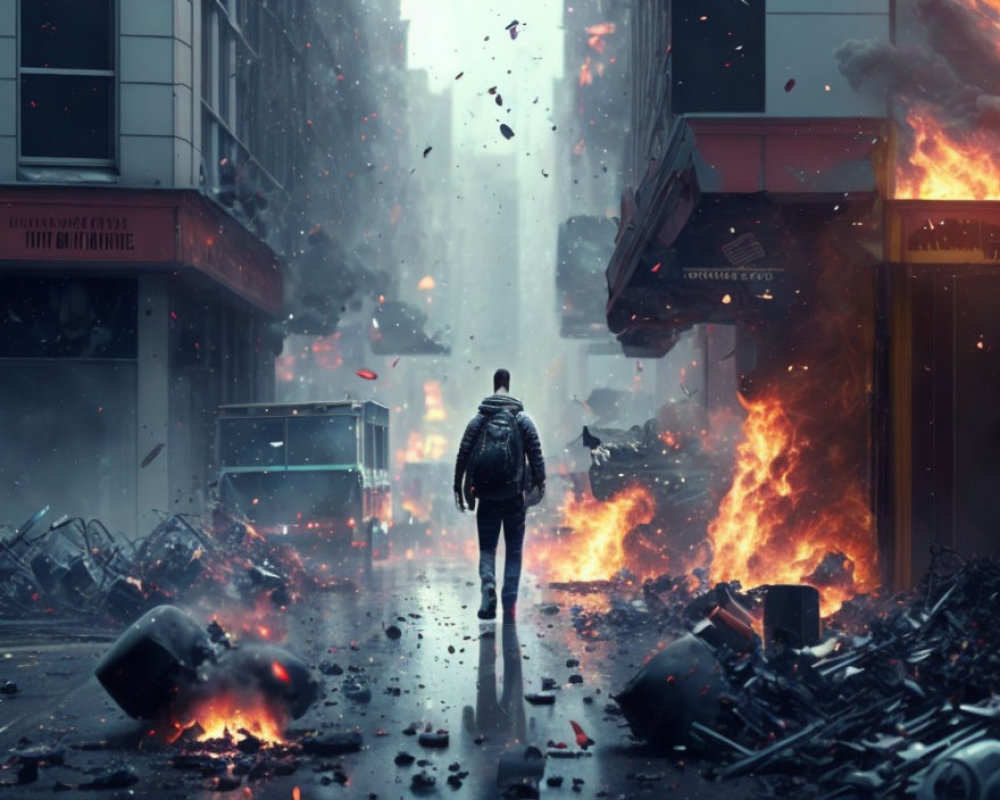 Urban destruction scene with person walking towards towering explosion