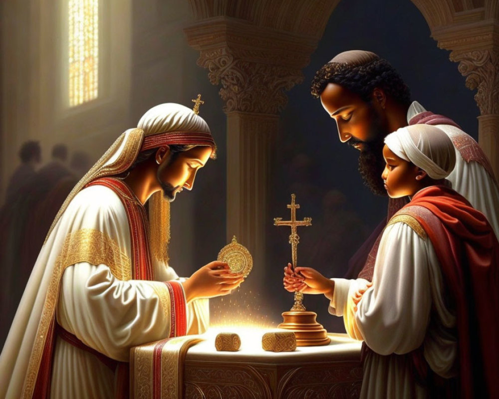 Religious illustration of priest offering sacrament in sunlit church