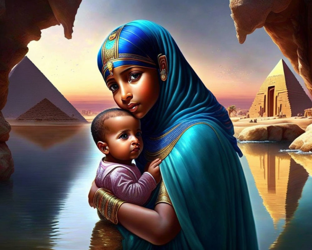 Ancient Egyptian woman with child in blue headscarf by pyramids