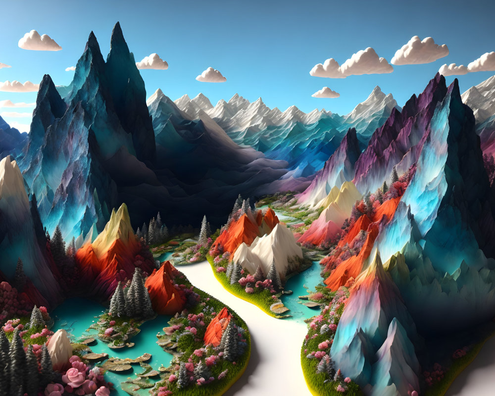 Multicolored mountains, river, and lush forests in surreal landscape