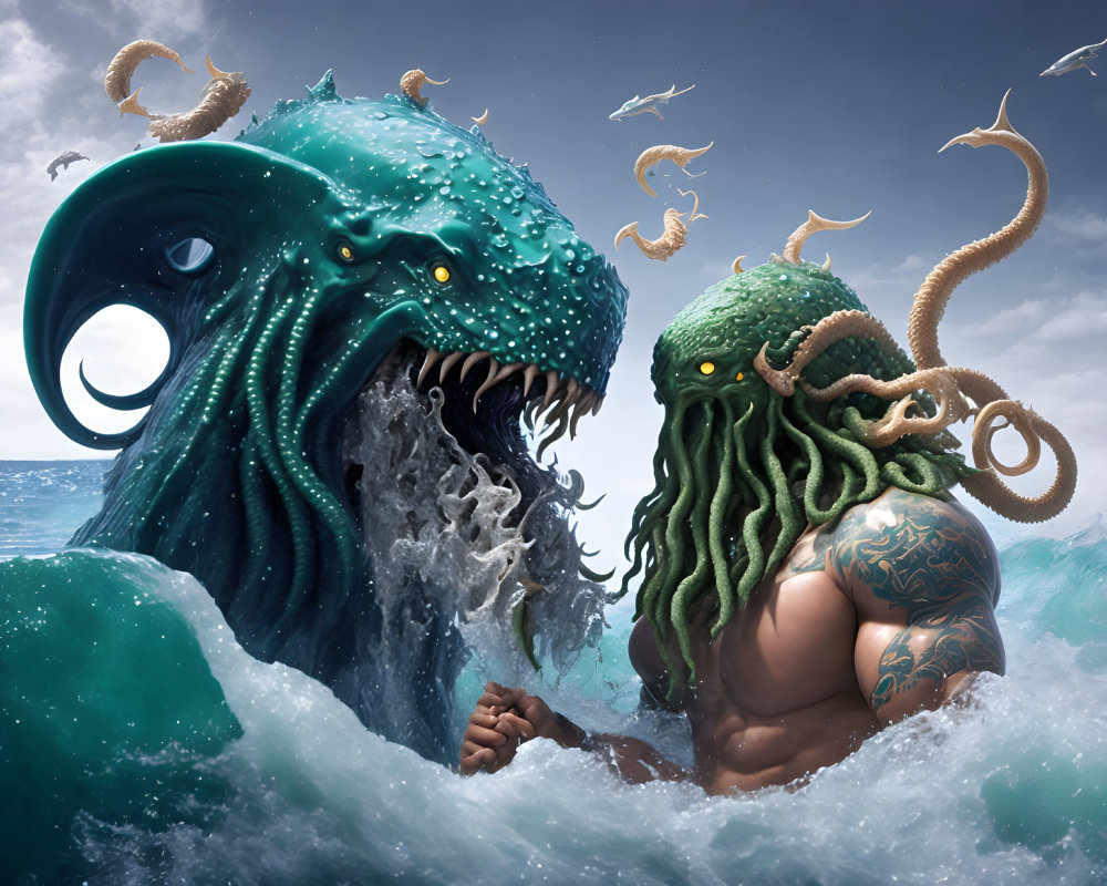 Muscular figure with tentacled head and sea creature in fantastical image