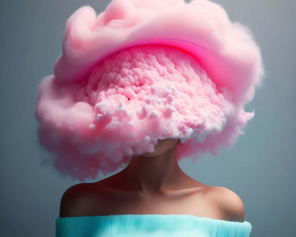 Fluffy pink cloud-like head covering on person.