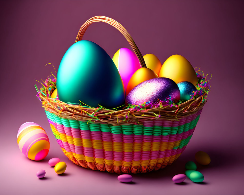 Vibrant Easter basket with decorated eggs and candies on purple background