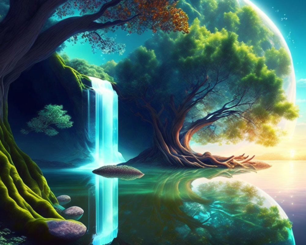 Fantasy landscape with blue waterfall, spherical canopy trees, reflective lake