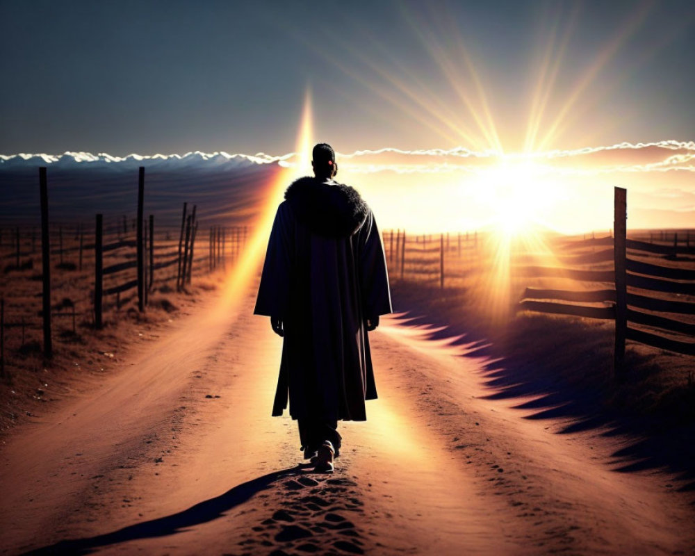 Person in cloak walking on dusty road at sunrise with dramatic light rays