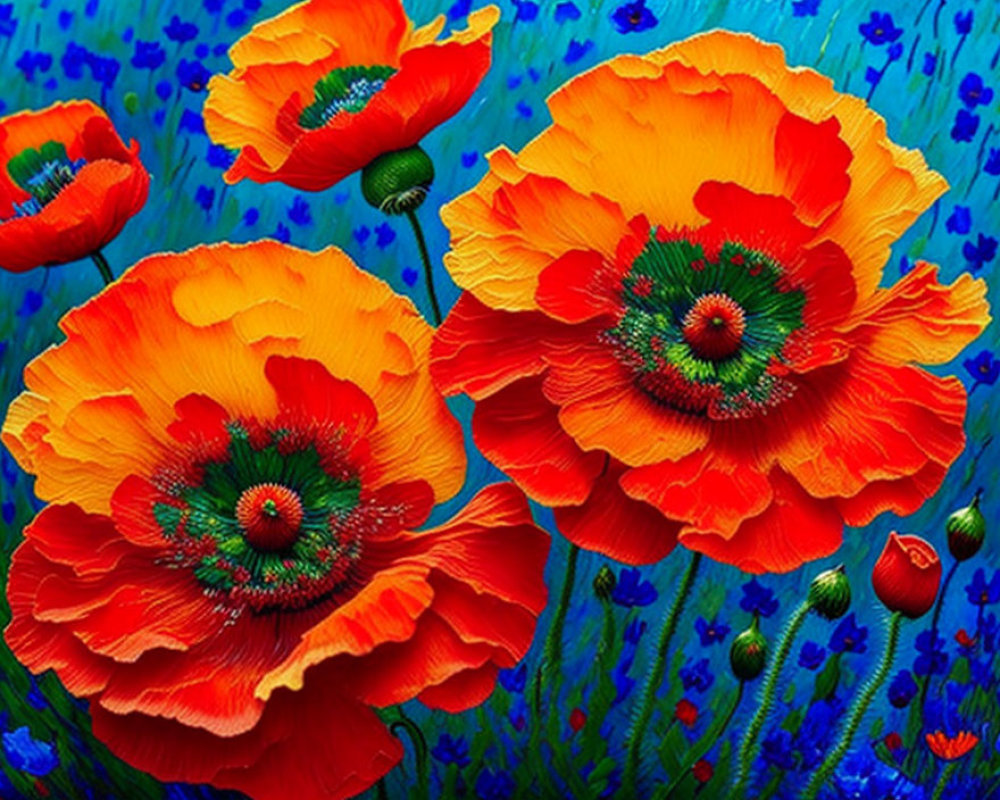 Colorful red poppies and blue flowers on green stems against a bright blue backdrop