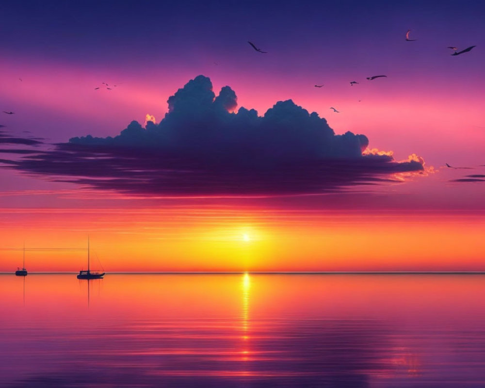 Colorful sunset over calm sea with silhouetted boats and birds in flight