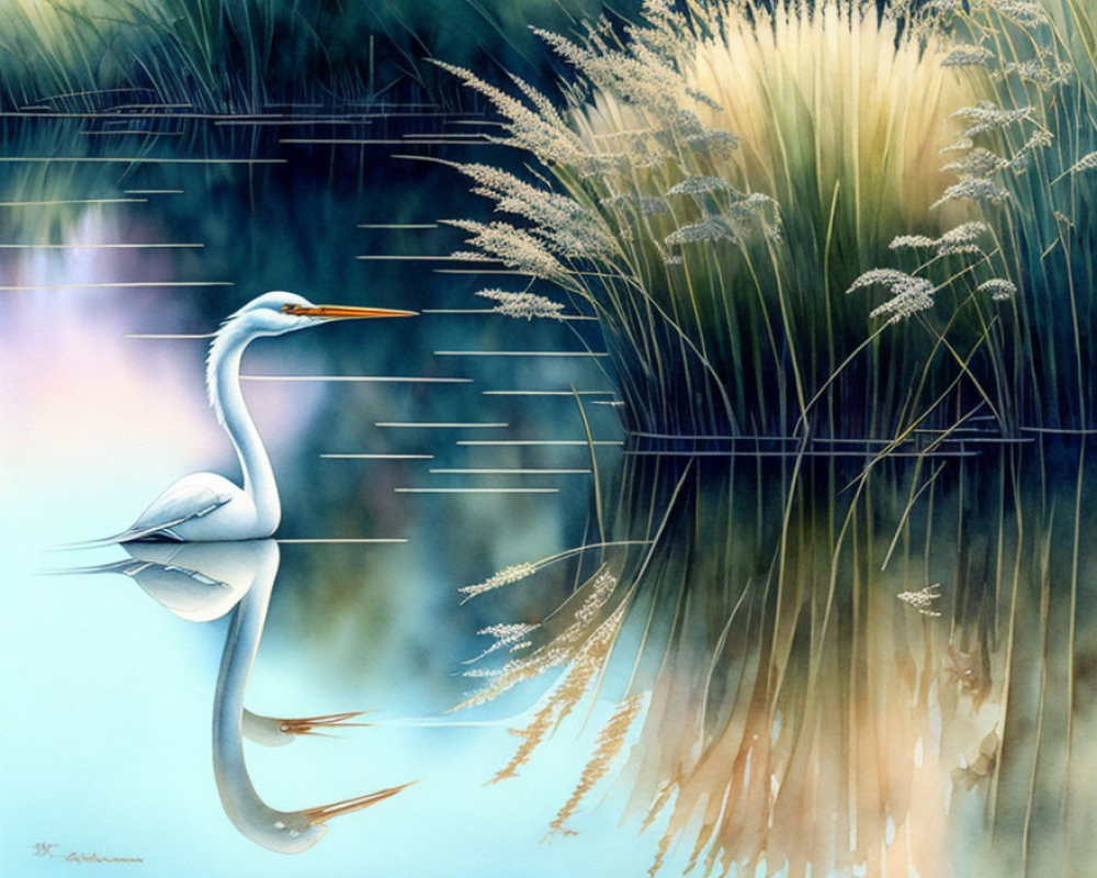 White egret by water in serene painting with reflection and tall grasses