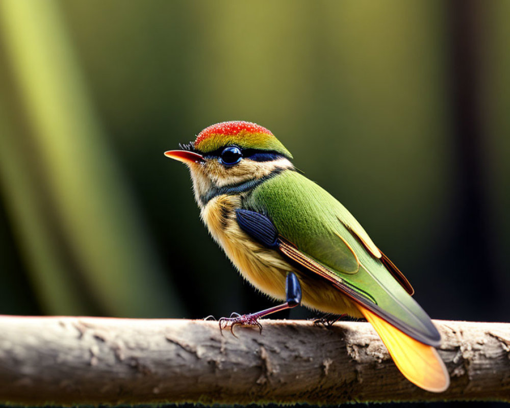 Colorful Bird with Red Forehead and Green Back Perched on Branch