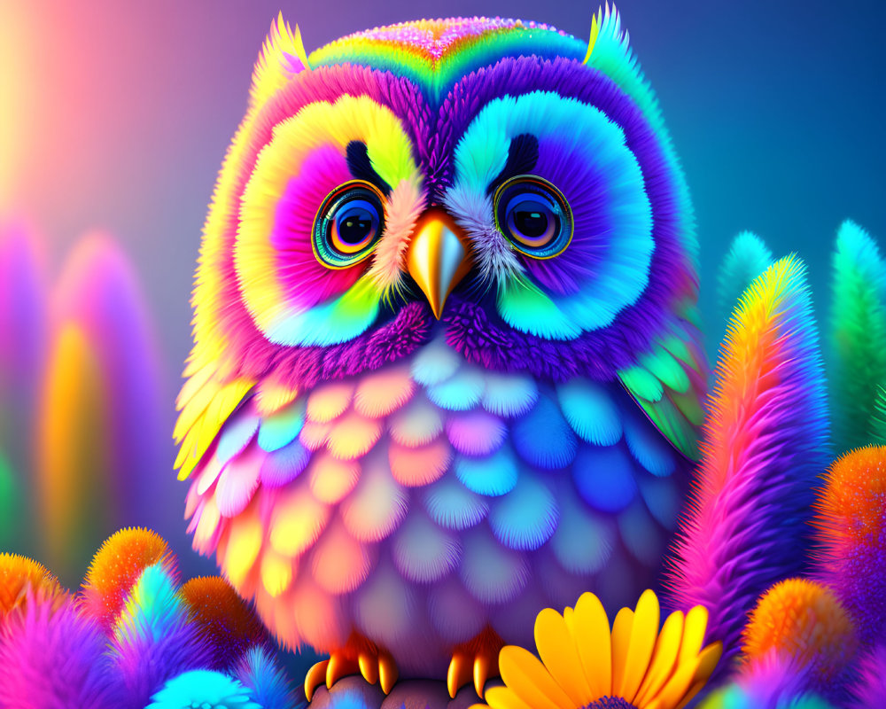 Fantastical rainbow-hued owl surrounded by neon-lit stylized flora