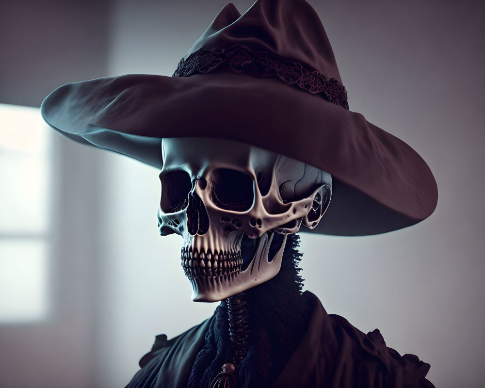 Stylized human skull with wide-brimmed hat and ornate clothing