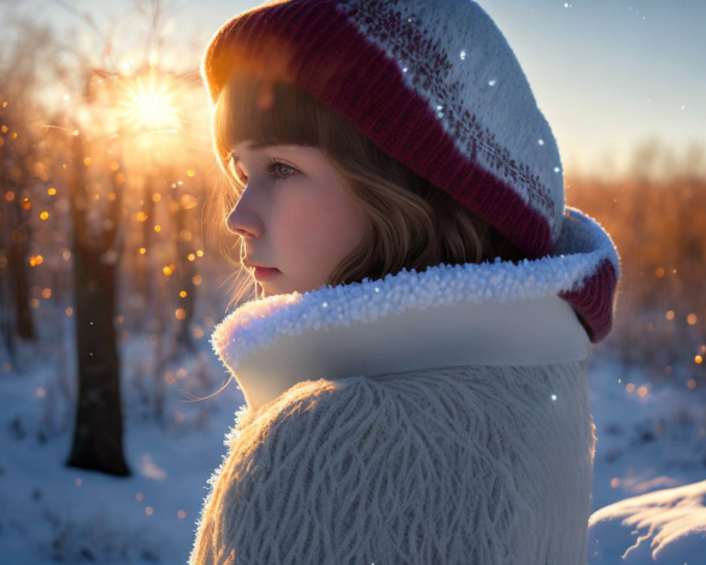 Person in Winter Hat and Sweater Gazes in Snowy Landscape