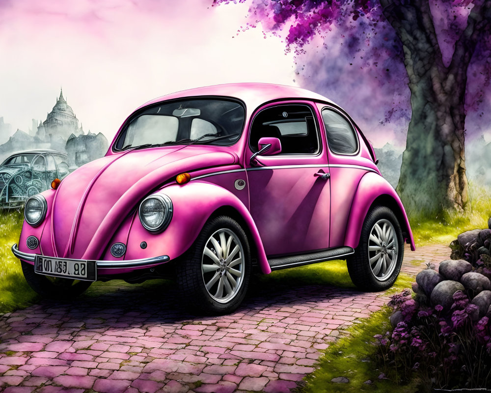 Pink Volkswagen Beetle on cobblestone path with purple trees and historic building in foggy background