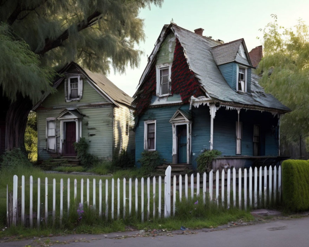 Dilapidated Two-Story House with Peeling Blue and Green Paint