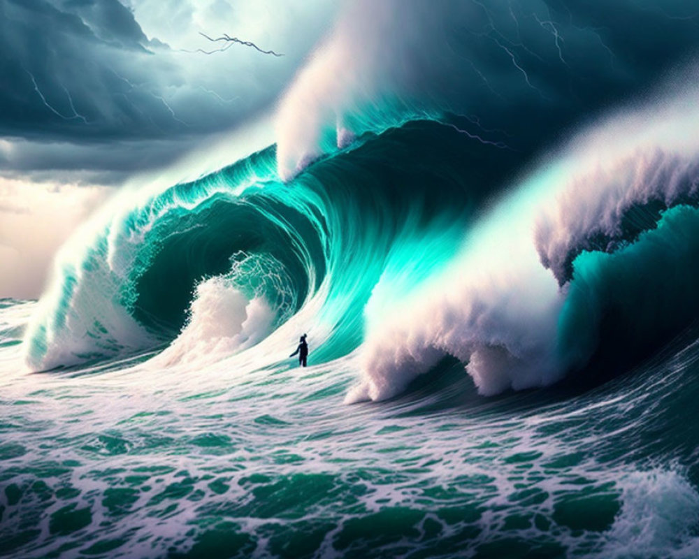 Surfer riding massive turquoise wave under stormy sky.