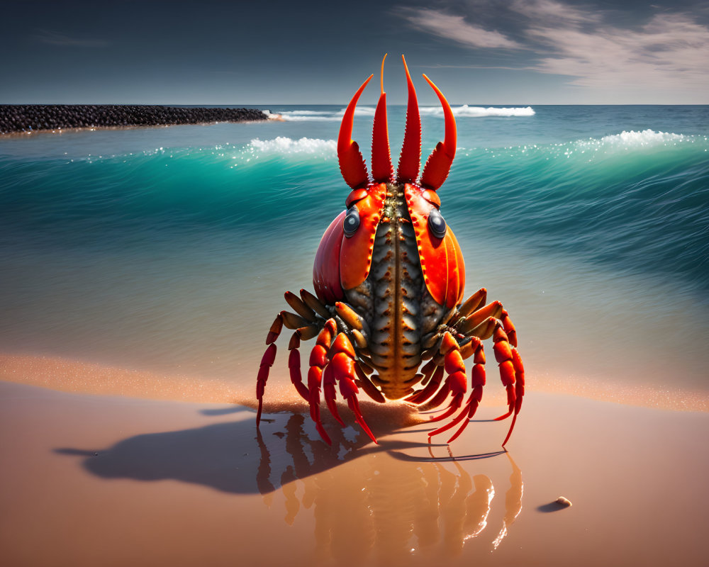 Vividly colored gigantic lobster on sandy beach with crashing waves