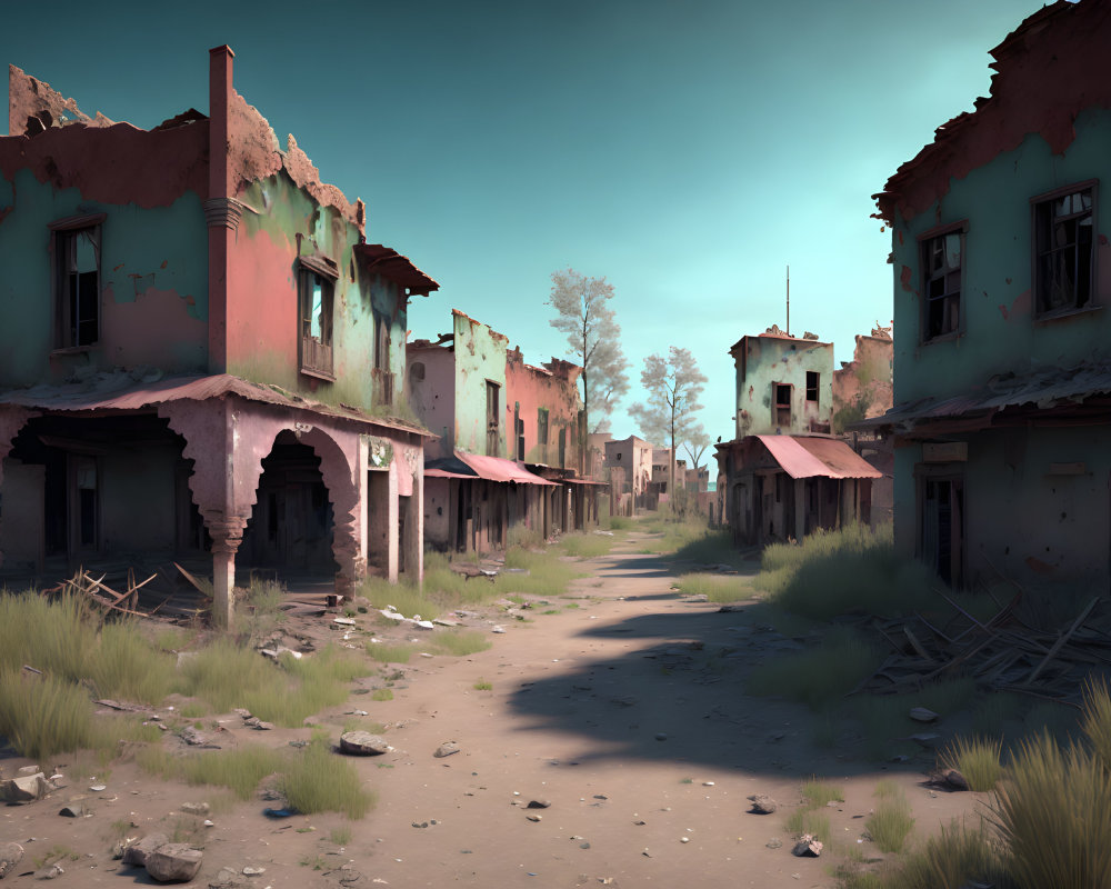 Deserted street with colorful, dilapidated buildings and nature encroaching