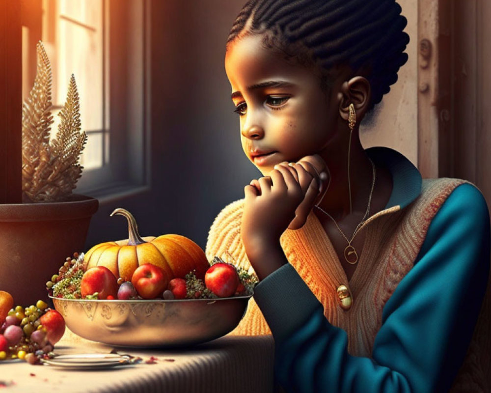 Young girl with braided hair in blue sweater by window with fruit bowl