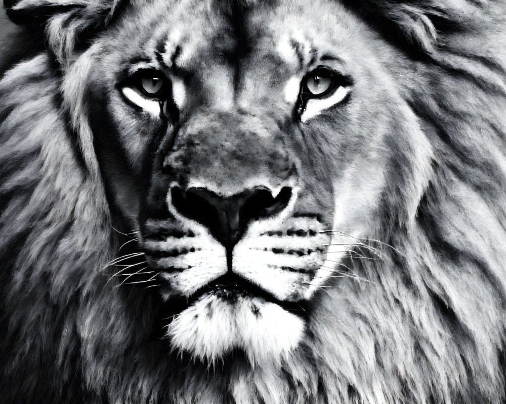 Black-and-white image of a lion's face and mane