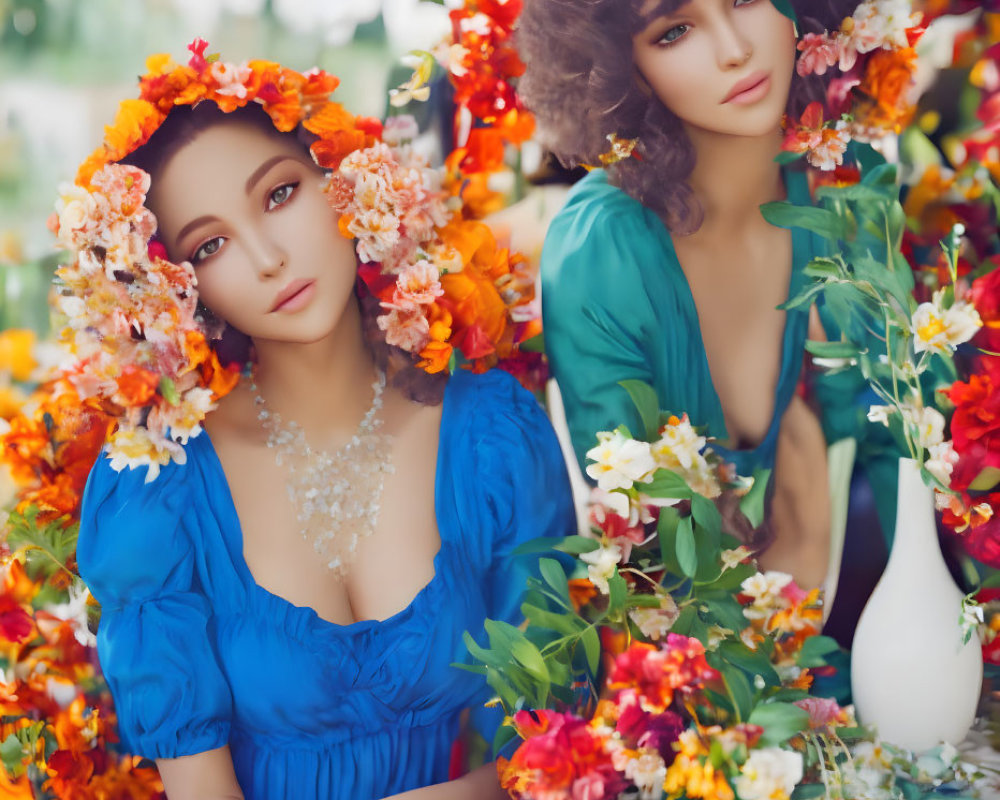Elegantly Dressed Figures in Floral Backdrop