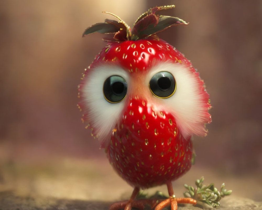 Whimsical Strawberry-Owl Hybrid Creature Description