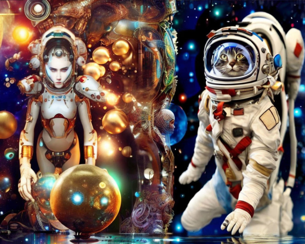 Futuristic Humanoid and Astronaut Cat in Cosmic Scenes