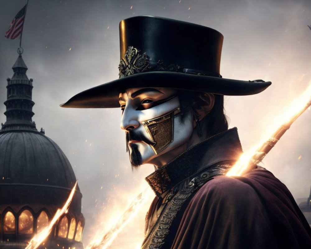 Mysterious Figure in Black Hat with Gold Details
