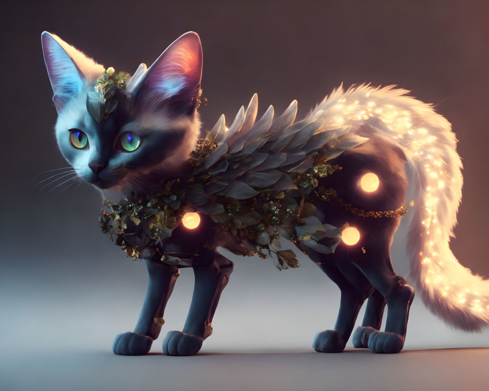 Fantastical Cat with Glowing Decorations and Scales