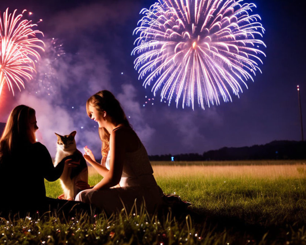 Women with a cat in a festive night scene with fireworks