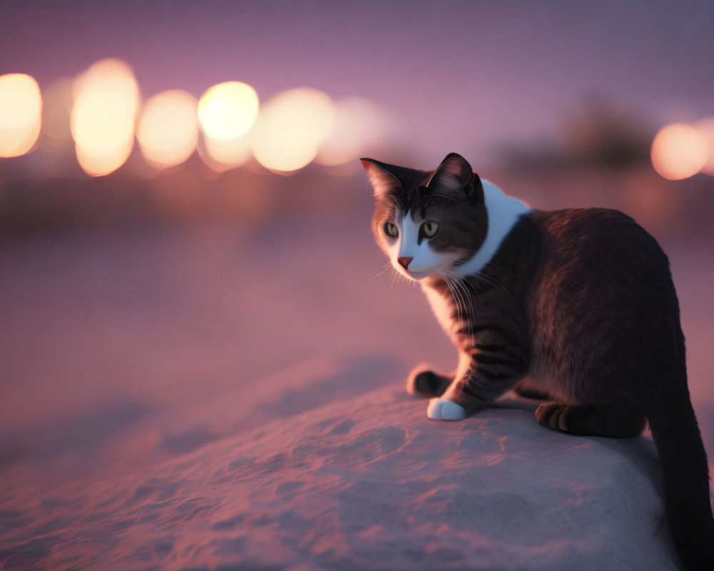Cat with striking markings on sandy surface at sunset