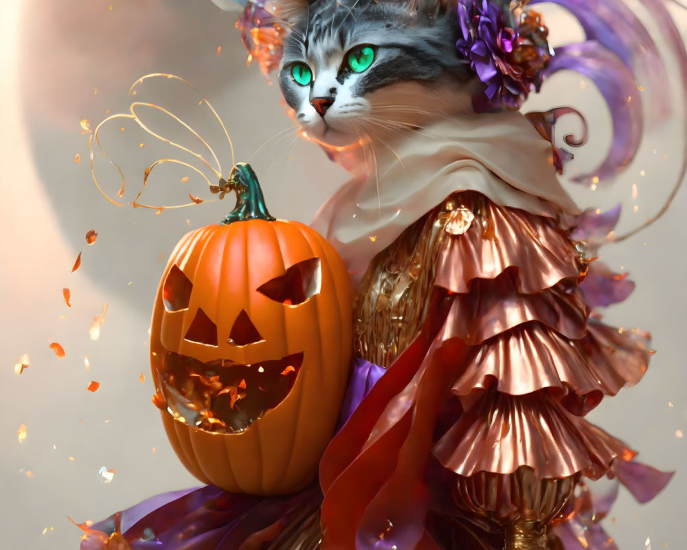 Regal Cat in Gown with Pumpkin and Autumn Leaves