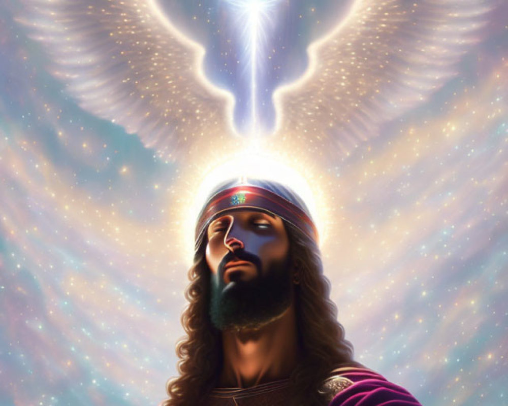 Man in ornate robes gazing at glowing winged figure