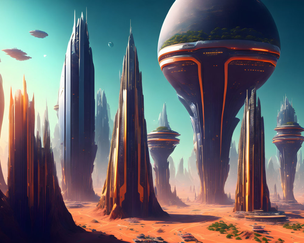 Futuristic cityscape with towering spires on alien desert planet