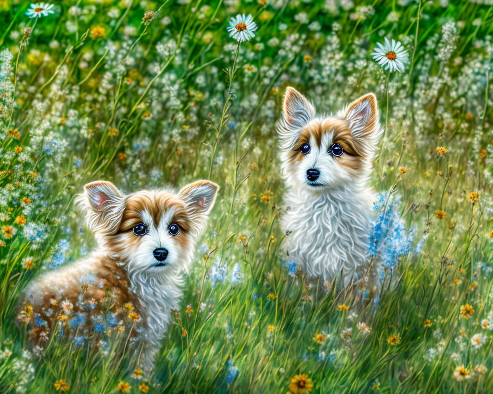 Small Fluffy Dogs in a Colorful Flower Meadow